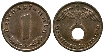 Германия 1 рейхспфенниг 1938 A KM 89, J. 361 бронза    220-317