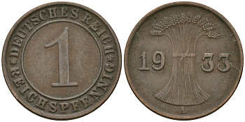 Германия 1 рейхспфенниг 1933 A KM 37, J. 313 бронза 4189-1214