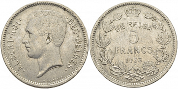 БЕЛЬГИЯ 5 ФРАНКОВ 1933 BELGES KM 97.1 никель 114-833
