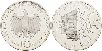 ФРГ 10 марок 1989 D, 2000 лет городу Бонну J. 447, KM 172 серебро PROOF 4558-315
