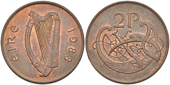 Ирландия 2 пенса 1988 птичка KM 21 бронза 4561-1225