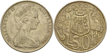 Австралия 50 центов 1966 Елизавета II (1952-2022), герб Австралии, кенгуру KM 67 серебро    4157-934