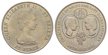 Остров Святой Елены 25 пенсов 1981 Свадьба Принца Чарльза и Леди Дианы KM 9 медно-никель BU 4537-922