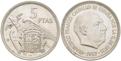 ИСПАНИЯ 5 ПЕСЕТ 1957 (58) ФРАНСИСКО ФРАНКО ДИКТАТОР ИСПАНИИ ( 1939- 1975) KM 786 медно-никель 216-627