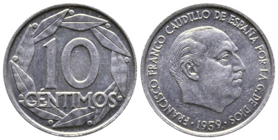 Испания 10 сентимо 1959 Франсиско Франко (1939-1975) KM 790 алюминий    4608-535