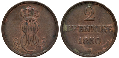 Ганновер 2 пфеннига 1850 B, Эрнст Август (1837-1851) KM 202.1, AKS 124, J. 75 медь 75-1942