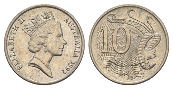 Австралия 10 центов 1992 Елизавета II (1952-2022), птица лирахвост KM 81 медно-никель 4384-211