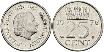 НИДЕРЛАНДЫ 25 ЦЕНТОВ 1978 ЮЛИАНА KM 183 никель 96-251