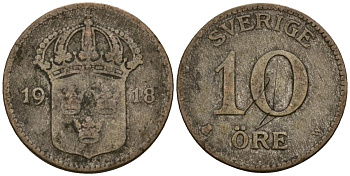 Швеция 10 эре 1918 Густав V (1907-1950) KM 780 серебро 4154-744