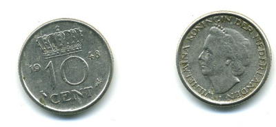 Нидерланды 10 центов 1948 Вильгельмина (1895-1948) KM 177 никель 54-1134