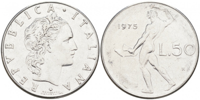 ИТАЛИЯ 50 ЛИР 1975 R, БОГ ОГНЯ ВУЛКАН У НАКОВАЛЬНИ KM 95.1 нержавеющая сталь 3996-916