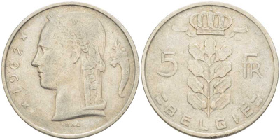 БЕЛЬГИЯ 5 ФРАНКОВ 1962 BELGIE, БОДУЭН I (1951-1993) KM 135.1 медно-никель 202-1153