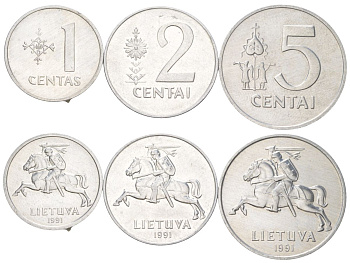 Литва набор из 3 монет (1, 2 и 5 центов) 1991 KM 85, 86 и 87 алюминий UNC 4624-651-653