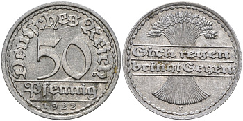 Германия 50 пфеннигов 1922 F KM 27, J.301, Weege 10 алюминий 4584-732