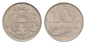 Латвия 10 сантимов 1922 год-тип KM 4 никель 4658-1216