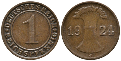 ГЕРМАНИЯ 1 РЕЙХСПФЕННИГ 1924 J KM 37, J. 313 бронза 39-853