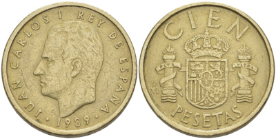 Испания 100 песет 1989 Хуан Карлос I (1975-2014) KM 826 алюминиевая бронза 4185-1013