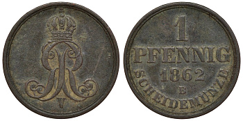 Ганновер 1 пфенниг 1862 B, Георг V KM 233, AKS 156, J. 90 медь 4594-437