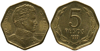 Чили 5 песо 1993 So KM 232, Schon 81 алюминиевая бронза aUNC 4387-839