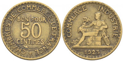 ФРАНЦИЯ 50 САНТИМОВ 1923 CHAMBRES DE COMMERCE KM 834, LE FRANC 191.6 алюминиевая бронза 3309-1027