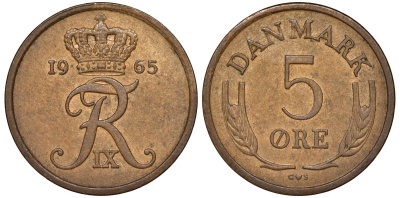 Дания 5 эре 1965 KM 848 бронза 77-445