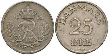Дания 25 эре 1960 C; S, Фредерик IX (1947-1972) KM 842 медно-никель 213-922