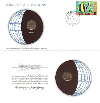 КИРИБАТИ 1 ЦЕНТ 1979 КОНВЕРТ С МАРКОЙ ПЕРВОГО ДНЯ ГАШЕНИЯ, COINS OF NATIONS KM 1 бронза UNC 4294-72-2