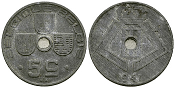 Бельгия 5 сантимов 1941 BELGIQUE - BELGIE KM 123 цинк 4164-1035