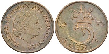 НИДЕРЛАНДЫ 5 ЦЕНТОВ 1973 ЮЛИАНА (1948-1980) KM 181 бронза 213-1117