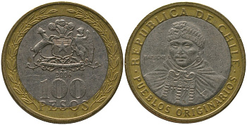 Чили 100 песо 2006 So KM 236, Schon 84 биметалл 4544-217