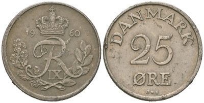 Дания 25 эре 1960 C; S, Фредерик IX (1947-1972) KM 842 медно-никель 213-922