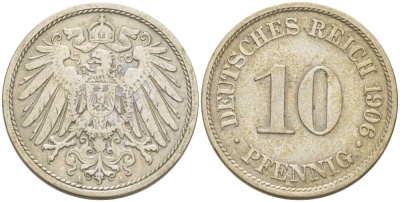 Германия 10 пфеннигов 1906 A KM 12, J. 13, Weege 8 медно-никель 259-854