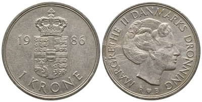 Дания 1 крона 1986 R;B, Маргрете II (1972-) KM 862.3 медно-никель 62-911