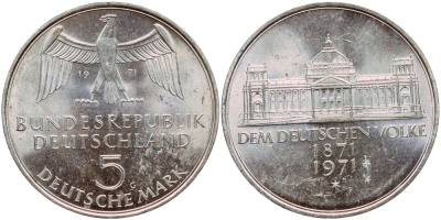 ФРГ 5 марок 1971 G, 100 лет основания Германской Империи KM 128.1, J. 409 серебро aUNC 1529-244