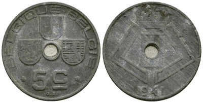 Бельгия 5 сантимов 1941 BELGIQUE - BELGIE KM 123 цинк 4164-1035