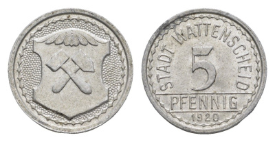 Ваттеншайд 5 пфеннигов 1920 Funck 579.7A, Men18 32900.7 алюминий aUNC 4528-414