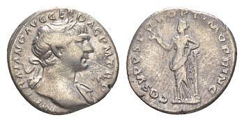 Римская Империя денарий 109 Траян, IMP TRAIANO AVG GER DAC P M TR P, бюст императора/COS V P P S P Q R OPTIMO PRINC, Фелицитата, персонификация Счастья, Рим RIC 120 серебро 1073-1-72