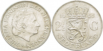 Нидерланды 2 1/2 гульдена 1966 Юлиана (1948-1980) KM 185 серебро 114-543