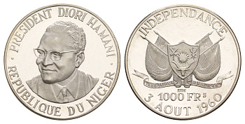 Нигер 1000 франков 1960 ESSAI, президент Амани Диори (Hamani Diori), независимость KM E6 серебро PROOF 413-4043