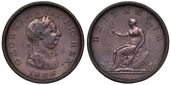 Великобритания 1 пенни 1806 Георг III (1760-1820) Spink 3780, KM 663 медь 1522-145