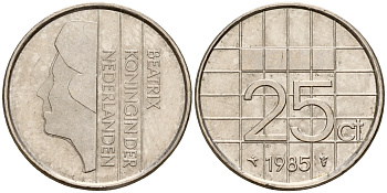 Нидерланды 25 центов 1985 Беатрикс KM 204 никель    4598-1227