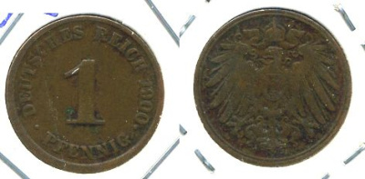 ГЕРМАНИЯ 1 ПФЕННИГ 1900 J KM 10, J. 10 медь 701-213