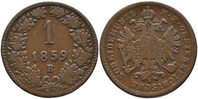 Австрия 1 крейцер 1859 В, Франц Иосиф I (1848-1916) KM 2186 медь 4387-1269