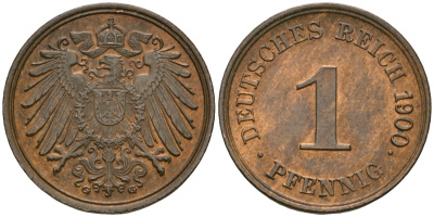 Германия 1 пфенниг 1900 G, Вильгельм II (1888-1918) KM 10, J. 10 медь 4608-618