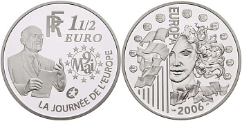 Франция 1 1/2 евро 2006 Декларация Шумана, день Европы 9 мая 1950 года KM 2037 серебро PROOF 02-040-31