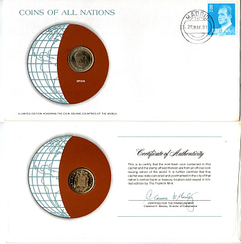 Испания 1 песета 1966 (70) конверт с маркой первого дня гашения, Coins of Nations KM 796 алюминиевая бронза UNC 4294-67-2
