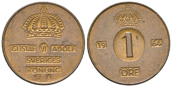 Швеция 1 эре 1964 U, Густав VI Адольф (1950-1973) KM 820 бронза 220-965