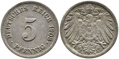 Германия 5 пфеннигов 1908 E KM 11, Jager 12, Weege 6 медно-никель 4387-737