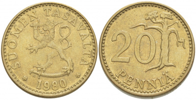 ФИНЛЯНДИЯ 20 ПЕННИ 1980 K KM 47 алюминиевая бронза 3718-646