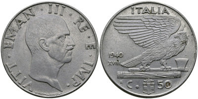 ИТАЛИЯ 50 ЧЕНТЕЗИМО 1940 R, ВИКТОР ИМАНУИЛ, XVIII ГОД KM 76b нержавеющая сталь 98-141